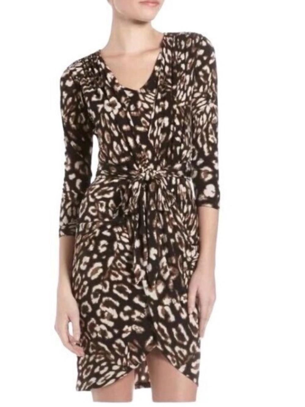 BCBGMaxAzria Brown and Cream Animal-Print Long Sleeve Wrap Dress